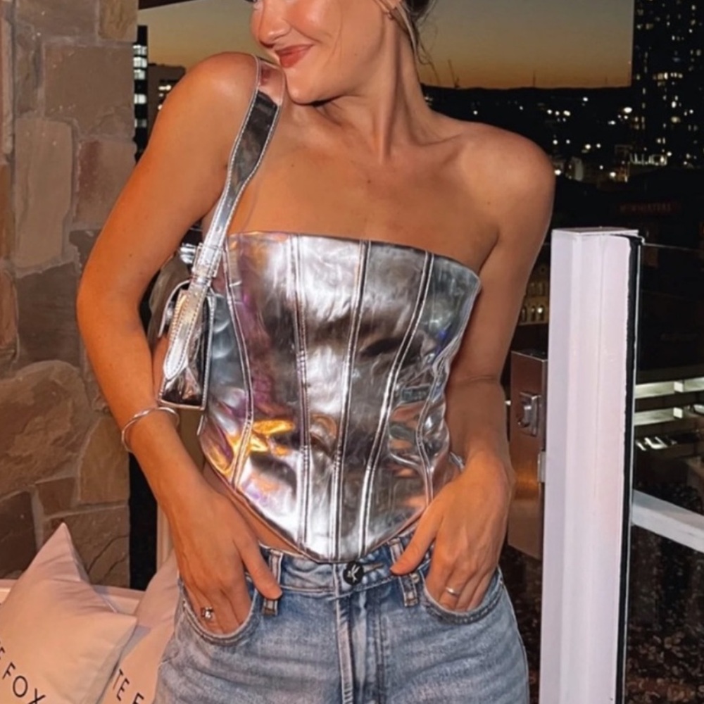 White Fox Boutique Silver Holographic Strapless Corset Crop Top